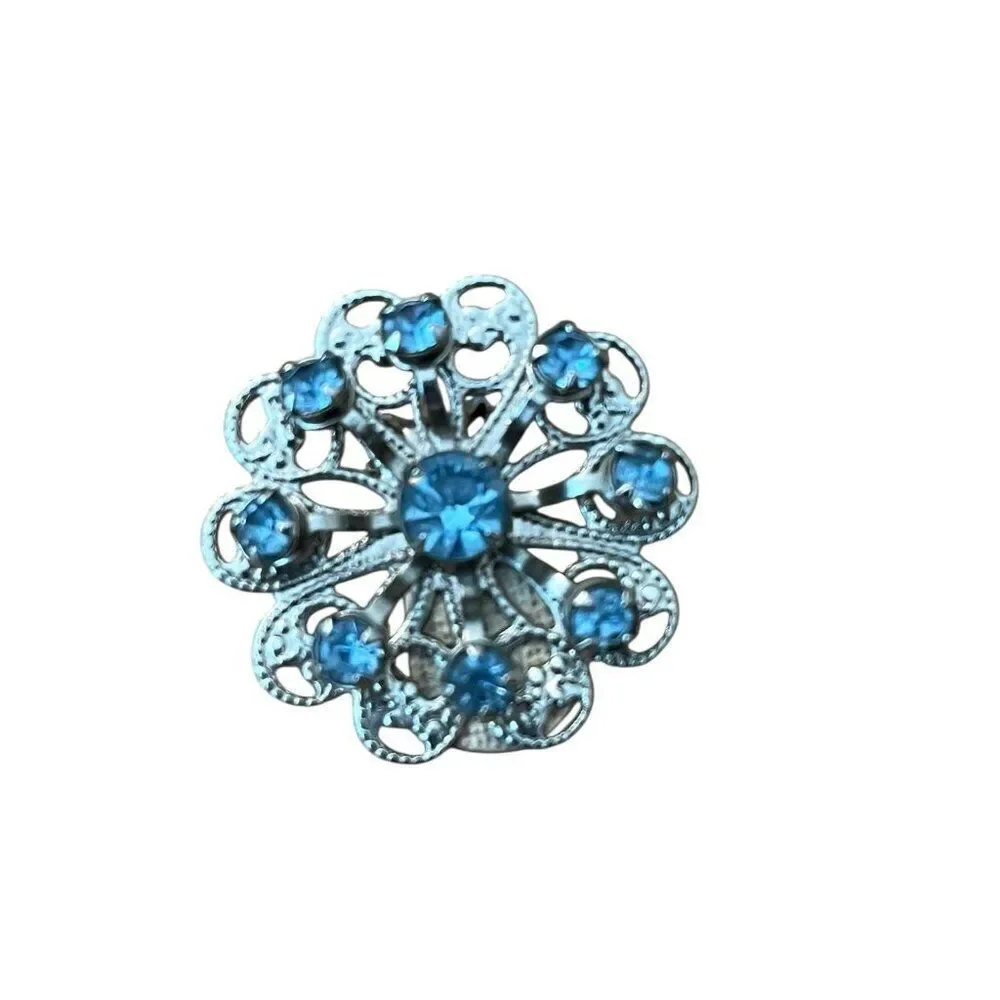 Camelot Silver Tone Blue Rhinestone Star Brooch and Clip On Earrings Box Set Vtg